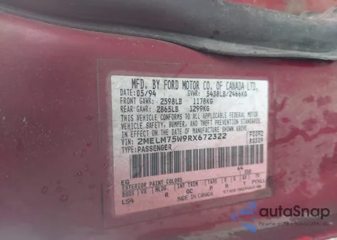 1994 Mercury Grand Marquis Ls z USA, uszkodzony, nr VIN 2MELM75W9RX672322